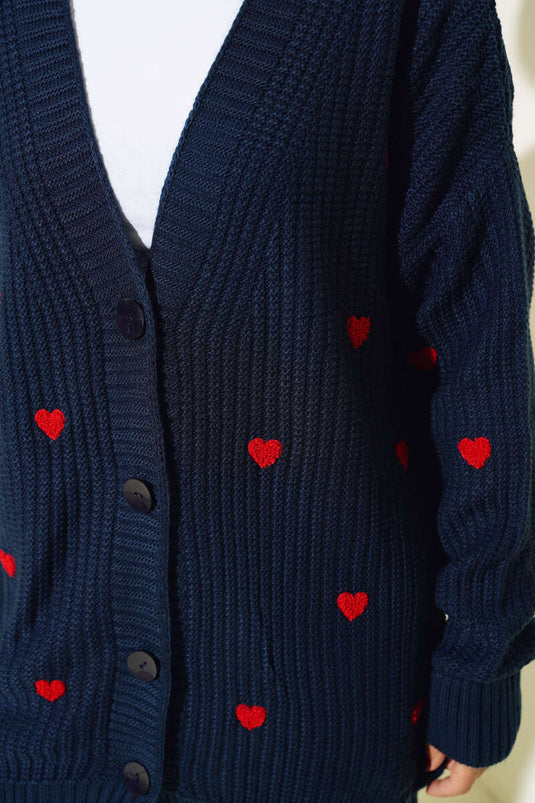 Heart Embroidered Knitted Cardigan Navy Blue