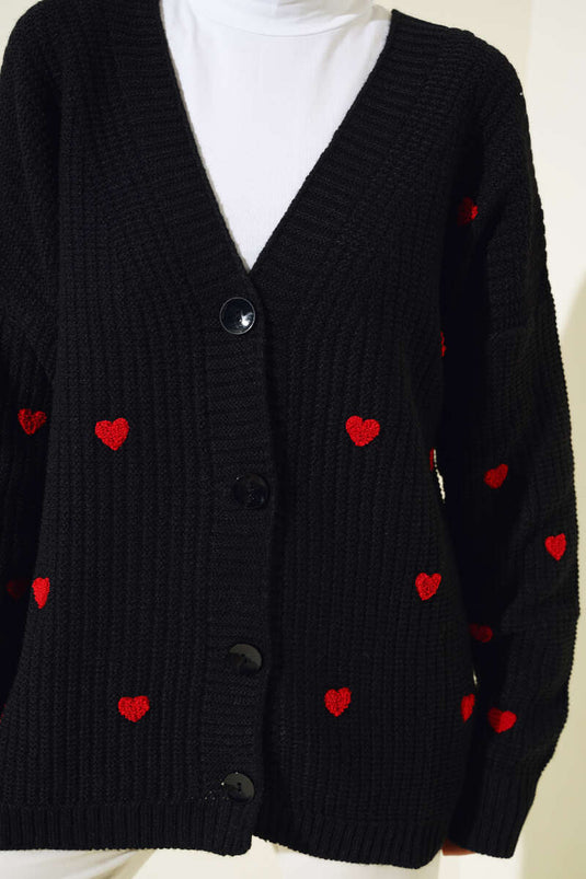 Cardigan en tricot brodé cœur noir