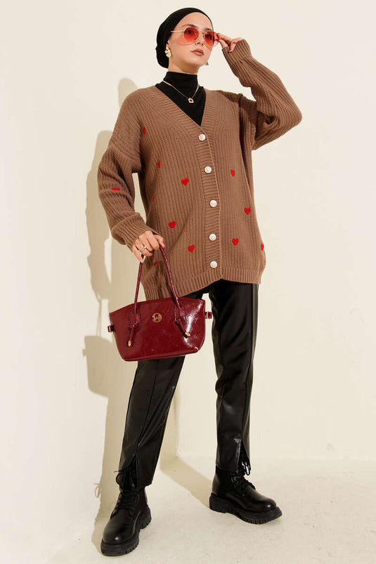 كارديجان محبوك مطرز على شكل قلب من المنك