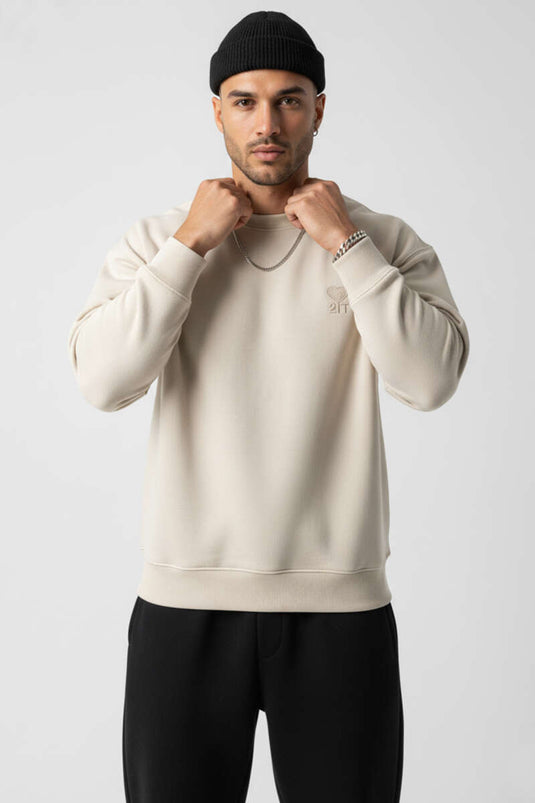 Men's Sweatshirt with Heart Embroidery, Three-Thread Design, Beige