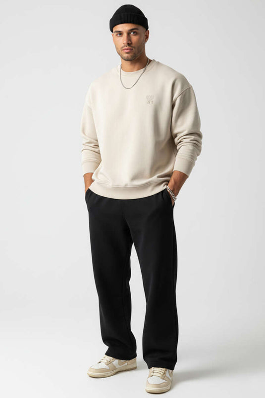 Men's Sweatshirt with Heart Embroidery, Three-Thread Design, Beige