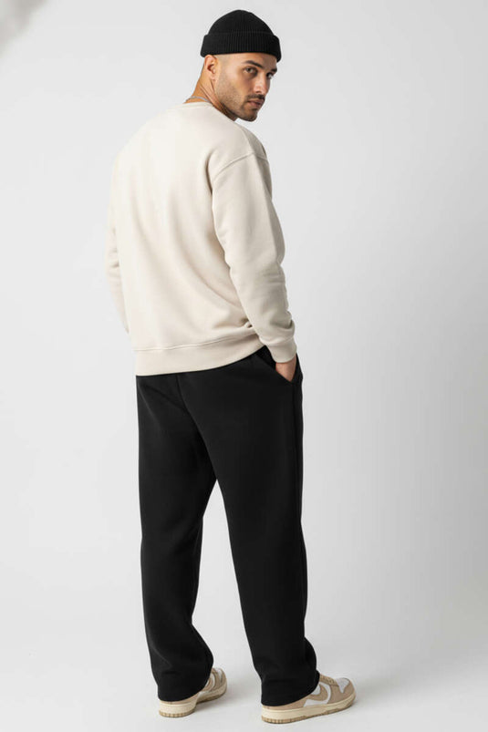 Men's Sweatshirt with Heart Embroidery, Three-Thread Design, Beige