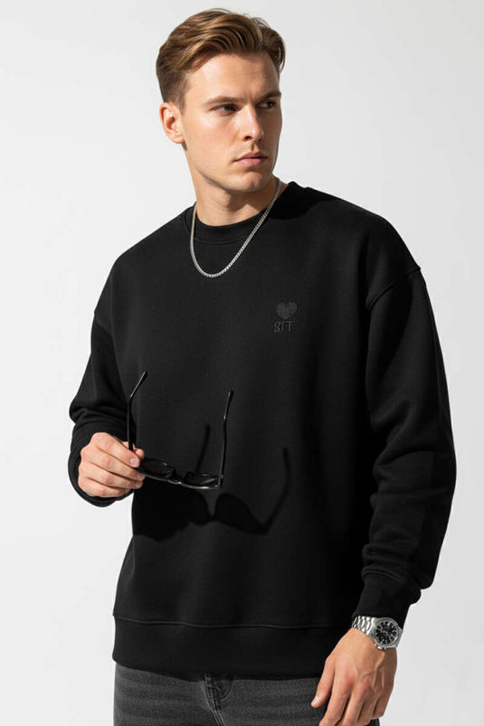 Kalp Nakışlı Üç İplik Erkek Sweatshirt Siyah