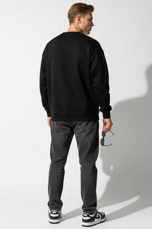 Kalp Nakışlı Üç İplik Erkek Sweatshirt Siyah