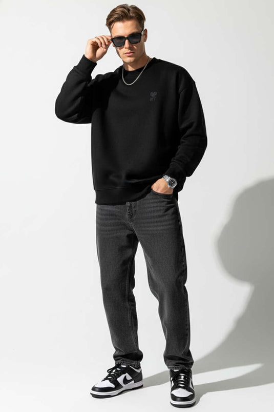 Kalp Nakışlı Üç İplik Erkek Sweatshirt Siyah