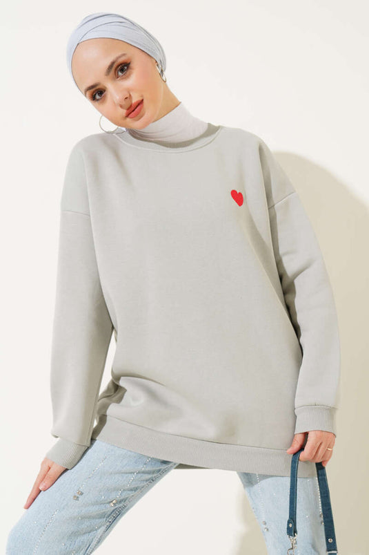 Kalp Nakışlı Üç İplik Sweatshirt Gri