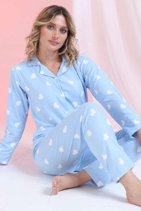 Heart-Embellished Buttoned Suede Pajama Set, Blue