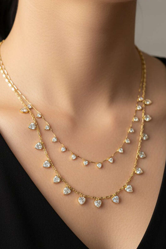 Kalp Taş Süslemeli Çoklu Kolye Gold