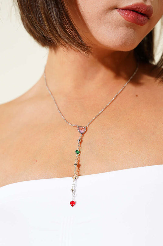 Kalp Taşlı Y Kolye Gümüş