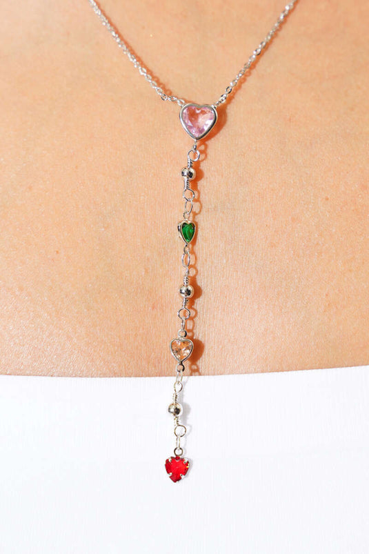 Kalp Taşlı Y Kolye Gümüş