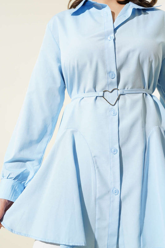 Heart Buckle Belted Shirt Baby Blue