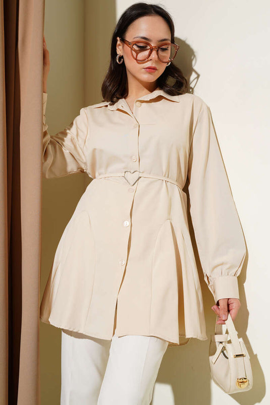 Heart Buckle Belted Shirt Beige