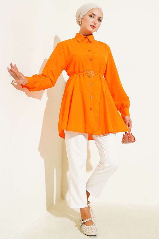 Heart Buckle Belted Shirt Orange