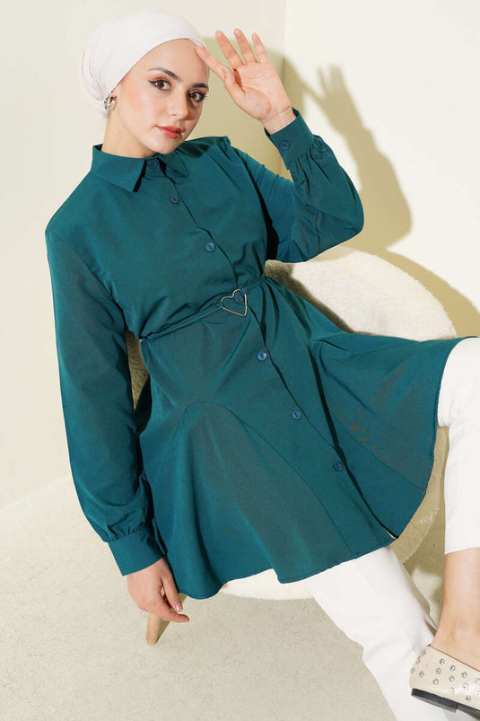 Kalp Tokalı Kuşaklı Gömlek Petrol