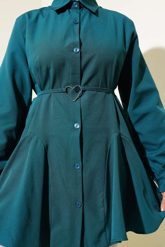 Kalp Tokalı Kuşaklı Gömlek Petrol