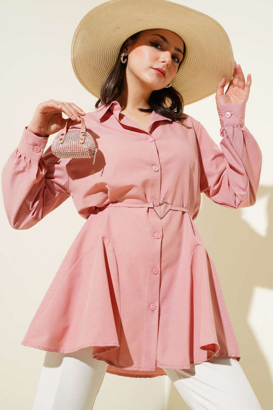 Kalp Tokalı Kuşaklı Gömlek Pudra