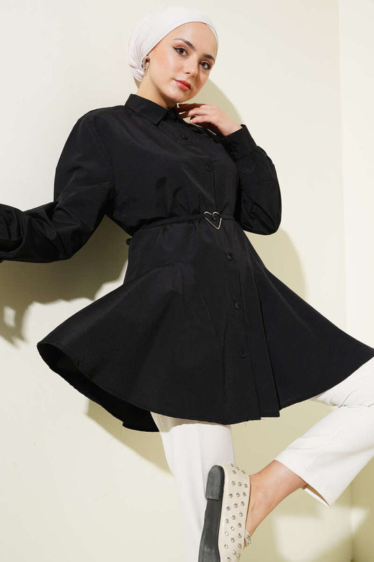 Kalp Tokalı Kuşaklı Gömlek Siyah