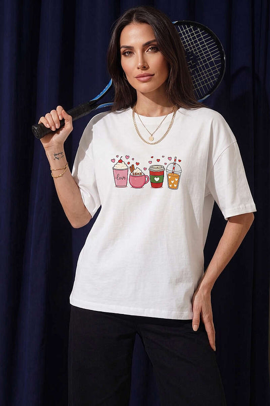Kalpli Bardak Baskılı T-shirt Ekru