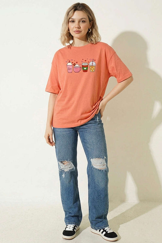 Salmon T-shirt with Heart-Printed Glass Design