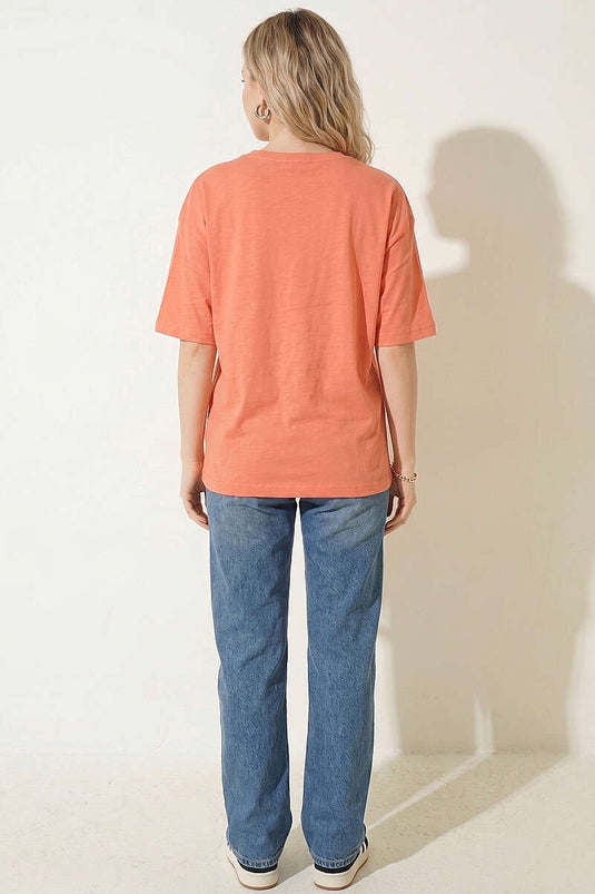 Salmon T-shirt with Heart-Printed Glass Design