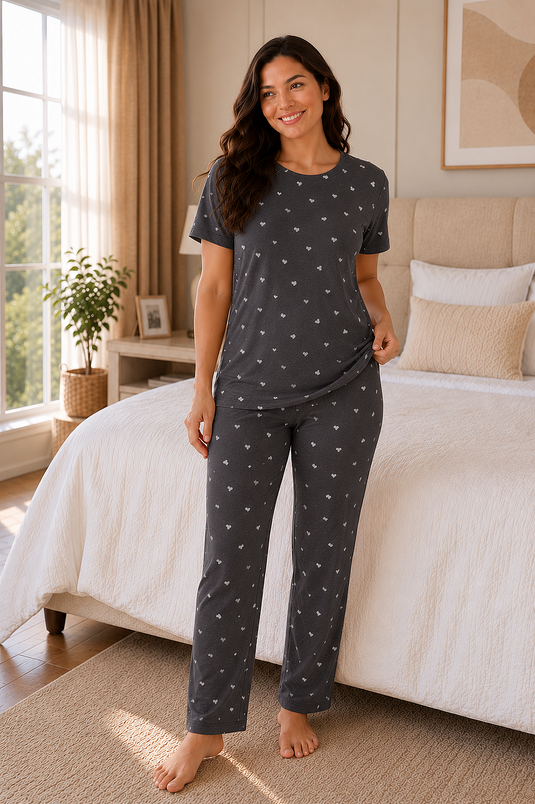 Plus Size Heart Pajama Set In Smoke Grey