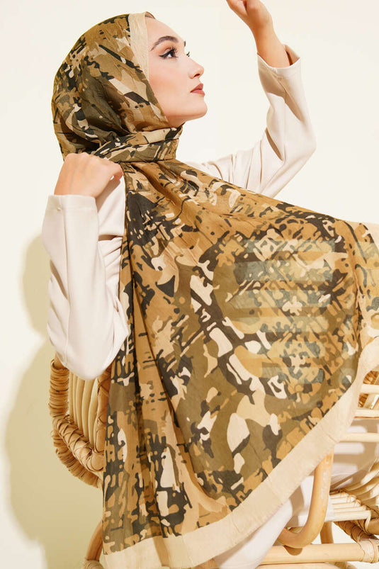 Kamuflaj Desenli Bambu Kraş Şal Latte -14