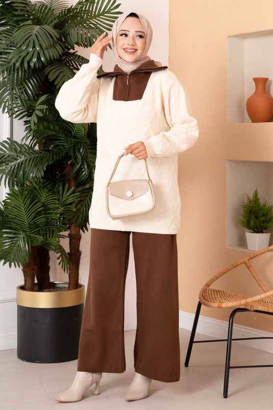 Truck Driver Collar Zipper Detailed Knit Two-Piece Set Cream-Brown