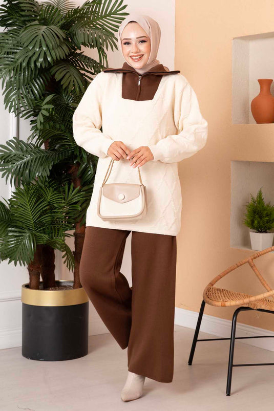 Truck Driver Collar Zipper Detailed Knit Two-Piece Set Cream-Brown