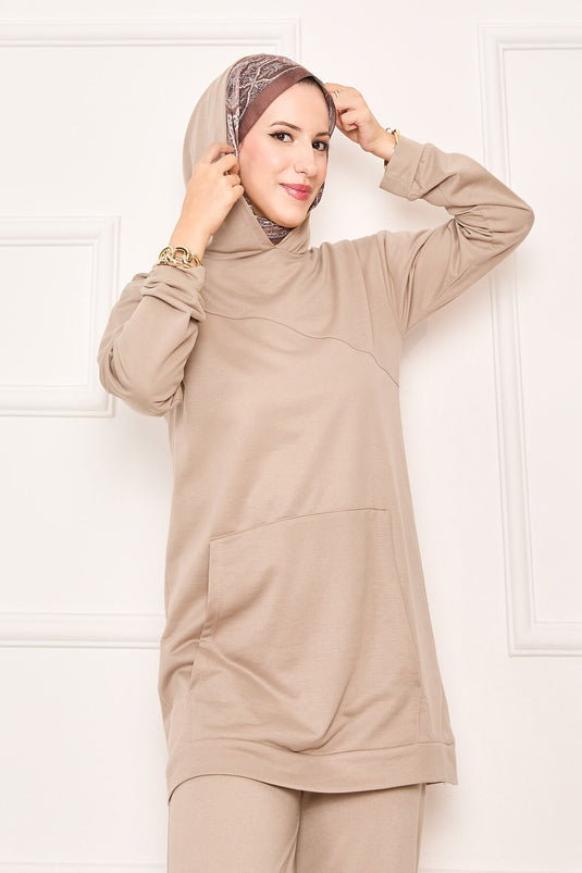 Kangaroo Pocket and Hood Detailed Two-Piece Suit Beige