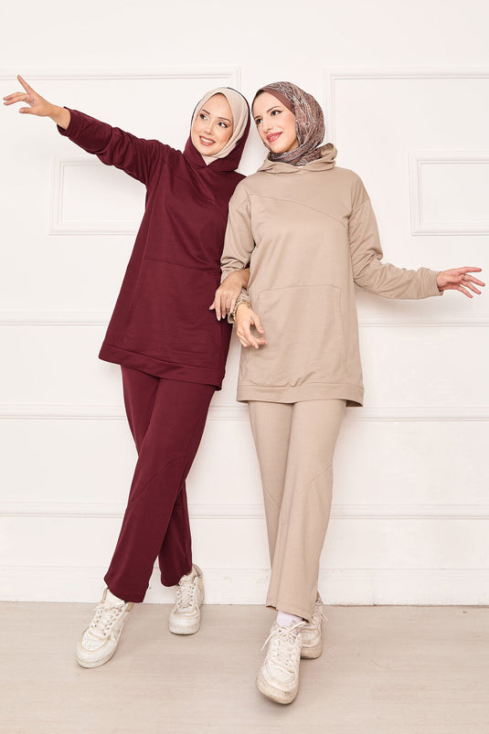 Kangaroo Pocket and Hood Detailed Two-Piece Suit Beige