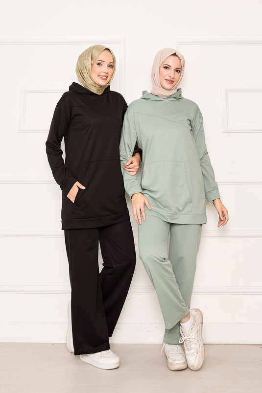 Combinaison deux pièces à poches kangourou et capuche, couleur menthe