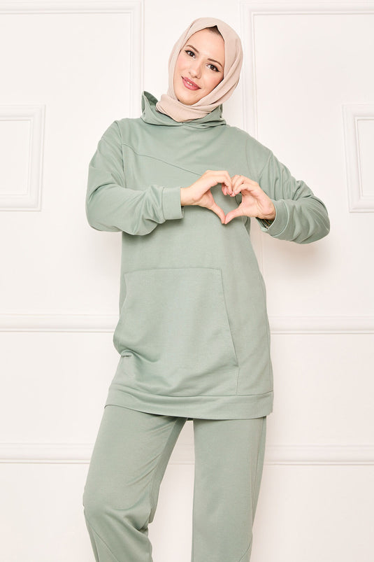 Combinaison deux pièces à poches kangourou et capuche, couleur menthe