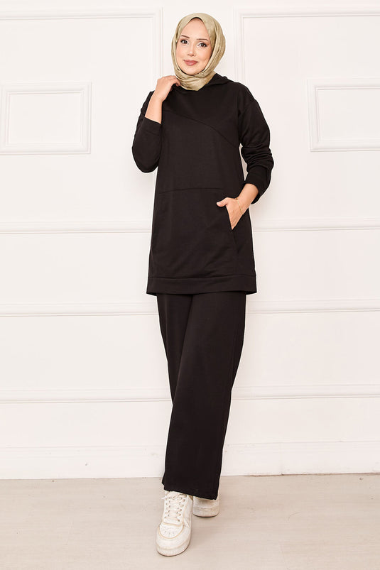 Kangaroo Pocket and Hood Detailed Two Piece Suit Black