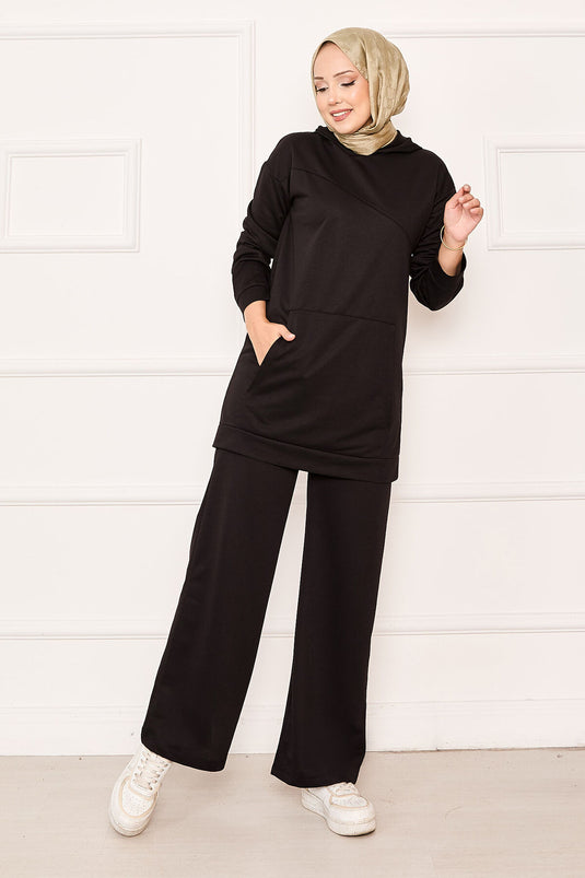 Kangaroo Pocket and Hood Detailed Two Piece Suit Black