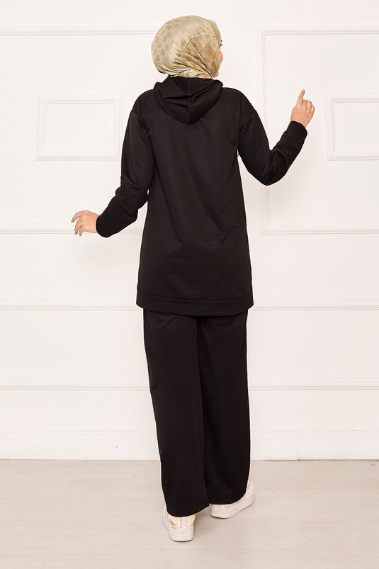 Kangaroo Pocket and Hood Detailed Two Piece Suit Black