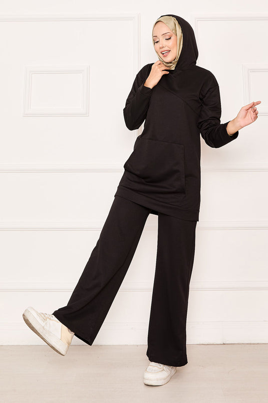 Kangaroo Pocket and Hood Detailed Two Piece Suit Black