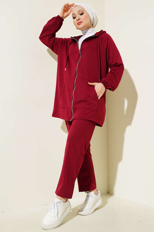 Burgundy Zippered Hoodie with Pockets Two-Piece Set