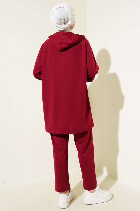 Burgundy Zippered Hoodie with Pockets Two-Piece Set