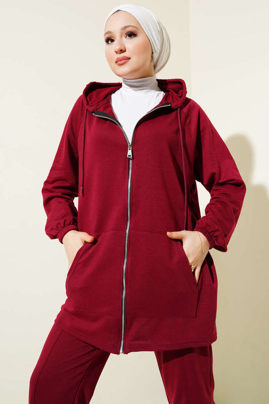 Burgundy Zippered Hoodie with Pockets Two-Piece Set