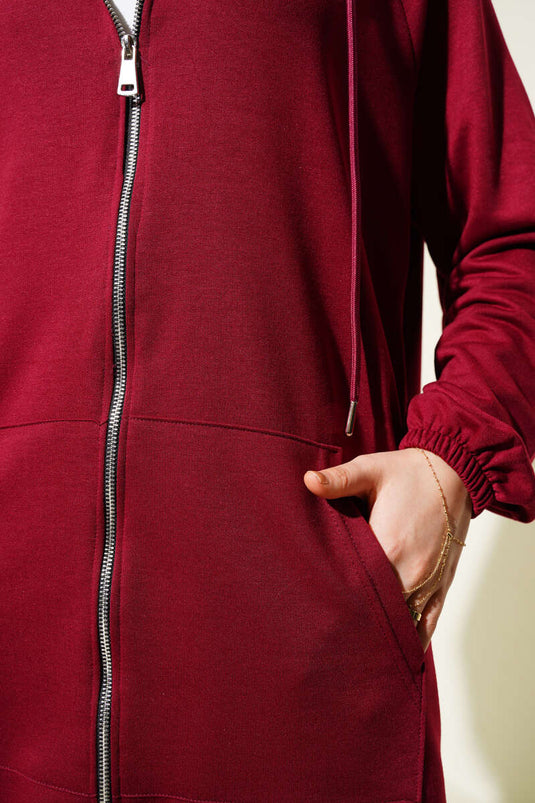 Burgundy Zippered Hoodie with Pockets Two-Piece Set