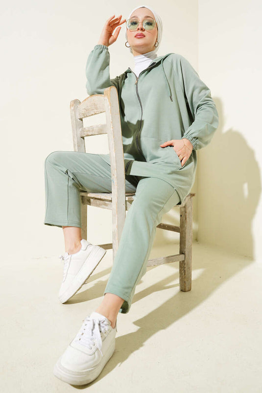 Kangaroo Pocket Zippered Two-Piece Suit Almond Green