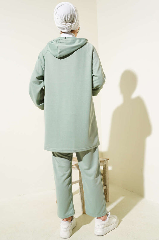 Kangaroo Pocket Zippered Two-Piece Suit Almond Green