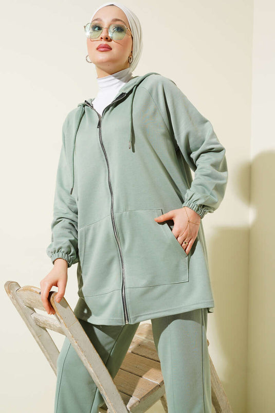 Kangaroo Pocket Zippered Two-Piece Suit Almond Green