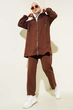 Combinaison Deux Pièces Zippée Avec Poche Kangourou Marron