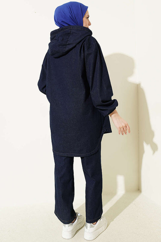 Kanguru-Tasche Kapuzen-Jeans Zweiteiler Dunkelblau