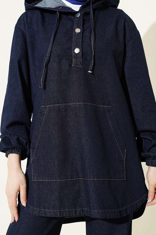 Kanguru-Tasche Kapuzen-Jeans Zweiteiler Dunkelblau