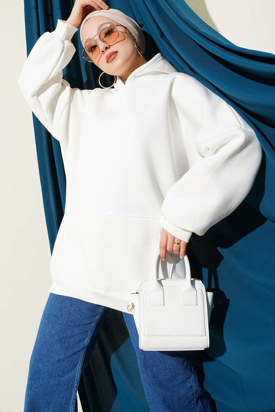 Kangaroo Pocket Hooded Fleece Sweatshirt, Ecru