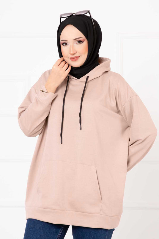 سويت شيرت حجاب بجيب الكنغر باللون البيج