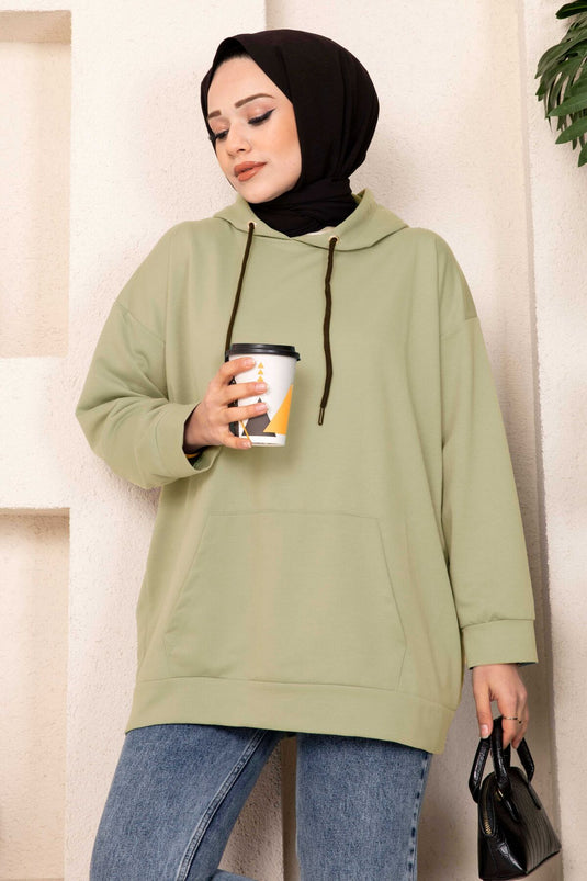 Kanguru Cepli Tesettür Sweatshirt Çağla Yeşili