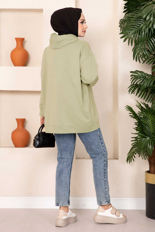 Kanguru Cepli Tesettür Sweatshirt Çağla Yeşili